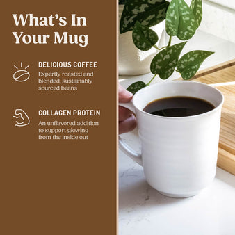 Infographic of the original collagen coffee ingredients.
What's in your mug. Delicious Coffee, expertly roasted and blended sustainably sourced beans. Collagen Protein, and unflavored addition to support glowing from the inside out. 
Cup of coffee on kitchen counter.