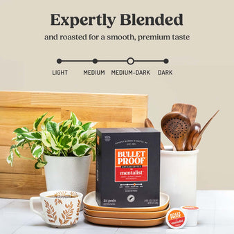 Expertly Blended and roasted for a smooth, premium taste. The Mentalist coffee is a medium-dark roast. 
Box of the mentalist next to a cup of coffee.
