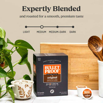 Infographic on bulletproof original coffee roast levels. Expertly Blended and roasted for a smooth, premium taste. The bulletproof original coffee pods are a medium roast. Package of Bulletproof Original Coffee pods.