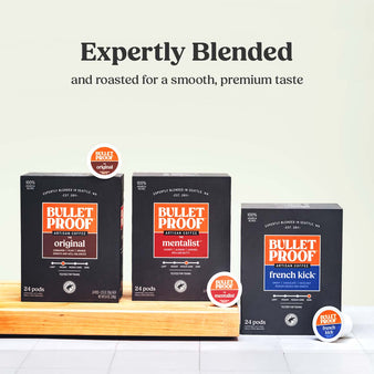 Expertly Blended and roasted for a smooth, premium taste. A 24 ct box of pods of the Bulletproof Original Pods, 24 ct box of the Bulletproof Mentalist Pods, and 24 ct box of Bulletproof French kick pods.