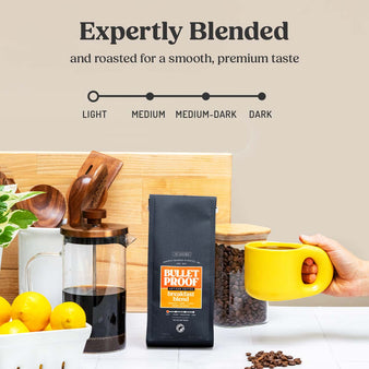 Infographic of breakfast blend roast level.
Expertly Blended and roasted for a smooth, premium taste. Breakfast Blend coffee is a light roast. A package of breakfast blend coffee with a cup of coffee next to it.