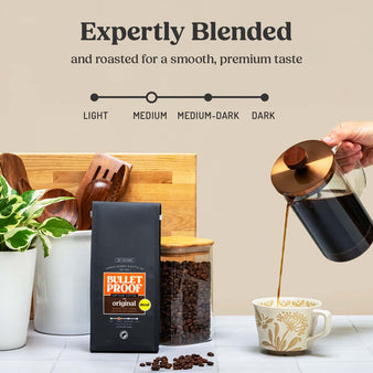 Infographic of bulletproof original coffee roast level.
New look, same great taste. A package of the original decaf 12 oz whole bean coffee and then next to it a new package of the bulletproof original decaf 12 oz whole bean coffee.