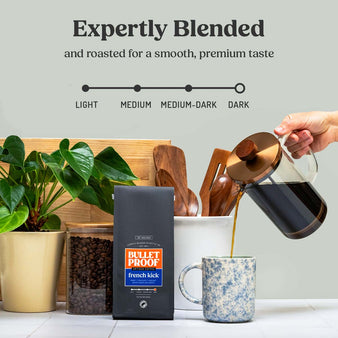 Infographic of french kick roast level.
Expertly blended and roasted for a smooth, premium taste. French kick whole bean coffee is a dark roast. Package of Bulletproof french kick whole bean coffee next to coffee being poured into a glass.