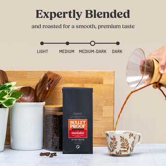 Infographic on the mentalist roast level. Expertly Blended and roasted for a smooth, premium taste. The Mentalist coffee is a medium-dark roast. 
Package of the mentalist next to a pitcher pouring coffee into a mug.