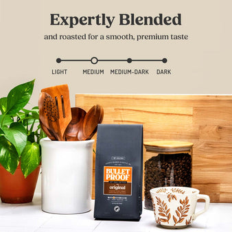 Infographic on bulletproof original coffee roast level. Expertly Blended and roasted for a smooth, premium taste. The original coffee is a medium roast. Package of the Bulletproof original whole bean coffee next to coffee being poured into a cup.