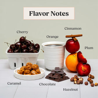 Infographic of bulletproof coffee flavor notes. Cherry, Caramel, Orange Chocolate, Cinnamon, Plum, and Hazelnut all piled and plated up on a kitchen counter