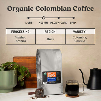 Organic colombian coffee. Medium roast. Processing - washed arabica. Region - huila. Variety - Colombia, castillo. A 5 lb bag of bulletproof organic colombian coffee next to a cup of coffee and a scoop of coffee beans.
