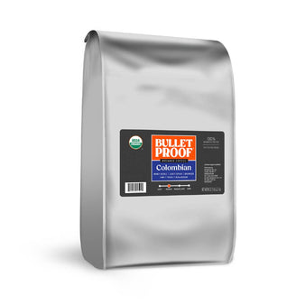 Image: Silver bag of Bulletproof Colombian coffee on a white background