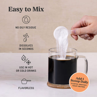 Bulletproof brain octane mct powder pouring into coffee mug, just 1 scoop daily needed