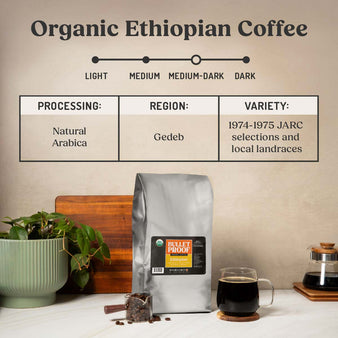 Organic ethiopian coffee. Medium roast. Processing - washed arabica. Region - huila. Variety - Colombia, castillo. A 5 lb bag of bulletproof organic colombian coffee next to a cup of coffee and a scoop of coffee beans.
