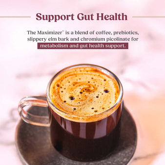 Freshly brewed mug of Bulletproof the Maximizer coffee. Support gut health.