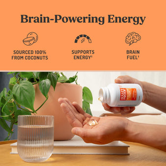 Person holding a supplement bottle with a glass of water and a plant in the background, labeled 'Brain-Powering Energy'.