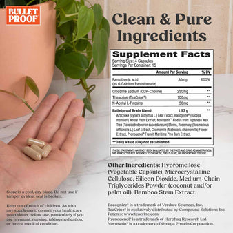 bulletproof clarity focus supplement facts and ingredients. A hand holding 4 capsules.