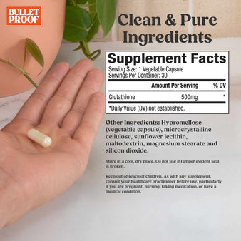 Bulletproof liposomal glutathione supplement facts with capsule and plant