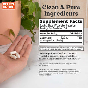 Magnesium Supplement Facts and ingredients. Clean and pure ingredients. A hand holding 3 capsules.
