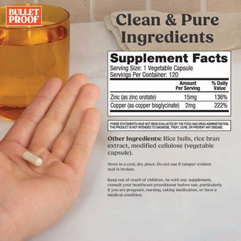 clean & pure ingredient. Supplement facts for the bulletproof zinc with copper 120 ct. a hand holding a sinc with copper capsule next to a cup of water.