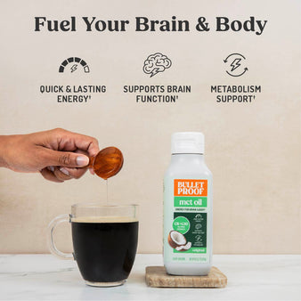 infographic of mct oil benefits. Fuel your brain & body
quick & lasting energy, support brain function, metabolism support. Bottle of Bulletproof MCT Oil and a hand pouring in MCT Oil to a cup of coffee.