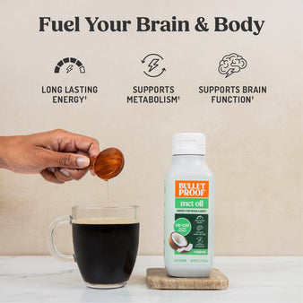 infographic of mct oil benefits. Fuel your brain & body
quick & lasting energy, support brain function, metabolism support. Bottle of Bulletproof MCT Oil and a hand pouring in MCT Oil to a cup of coffee.
