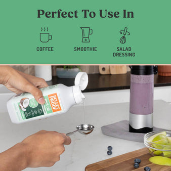 infographic on how to use mct oil. Perfect to use in 
coffee, smoothie, salad dressing. A hand pouring the MCT oil into a tablespoon with the ingredients for a smoothie behind it.