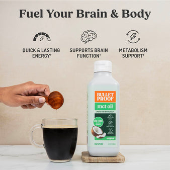 infographic of mct oil benefits. Fuel your brain & body
quick & lasting energy, support brain function, metabolism support. Bottle of Bulletproof MCT Oil and a hand pouring in MCT Oil to a cup of coffee.