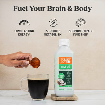 infographic of mct oil benefits. Fuel your brain & body
quick & lasting energy, support brain function, metabolism support. Bottle of Bulletproof MCT Oil and a hand pouring in MCT Oil to a cup of coffee.