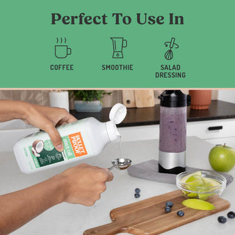 infographic on how to use mct oil. Perfect to use in 
coffee, smoothie, salad dressing. A hand pouring the MCT oil into a tablespoon with the ingredients for a smoothie behind it.