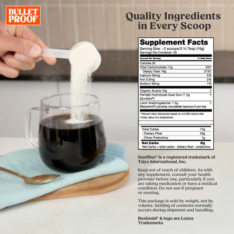 Bulletproof InnerFuel Prebiotic - 13.4 oz. Supplement Facts. A cup of coffee with a hand pouring innerfuel into the coffee.
