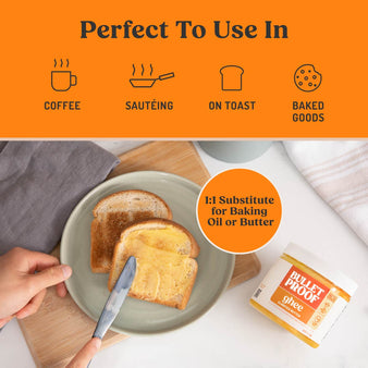 Toast on a plate with a knife, Bulletproof ghee container, and text about uses for Bulletproof ghee.