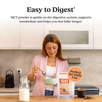 Bulletproof brain octane mct powder packaging in kitchen setting with woman baking