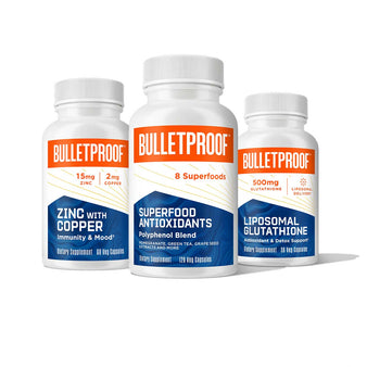 Image: bulletproof immune support bundle with 3 supplement options. Zinc with copper, superfood antioxidants, and liposomal glutathione.