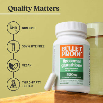 Bulletproof liposomal glutathione supplement bottle non-gmo, soy and dye free, vegan and third-party tested