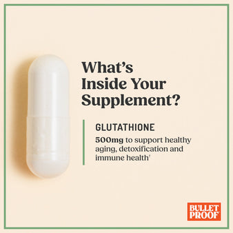 Glutathione capsule on beige background, 500mg to support healthy aging, detoxification and immune health