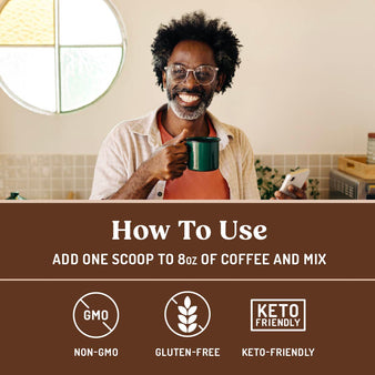 Man holding a coffee cup with text on how to use a product, featuring icons for non-GMO, gluten-free, and keto-friendly.