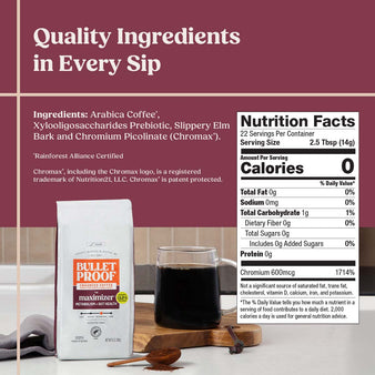 Bulletproof The Maximizer Ground Coffee nutrition facts aside coffee bag and mug of coffee