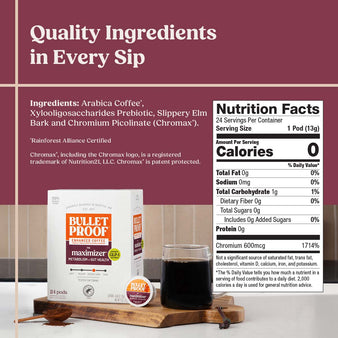 Bulletproof the maximizer coffee packaging with a glass of coffee and a spoon aside nutrition facts