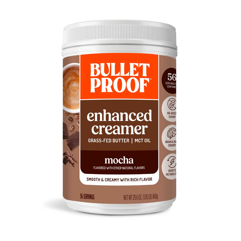 Bulletproof mocha enhanced creamer container with mocha flavor on a white background