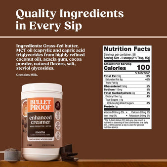 Bulletproof mocha enhanced creamer container with nutrition facts