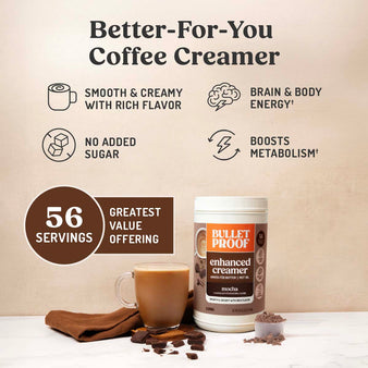 Bulletproof mocha enhanced creamer container, smooth and creamer rich flavor, brain and body energy, no sugar added, boosts metabolism