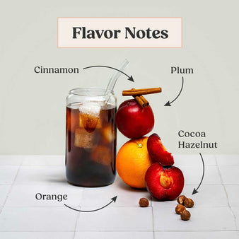 Info graph of cold brew flavor notes. Glass of cold brew next to plum,cinnamon,cocoa hazelnut, and orange.
Flavor Notes
Cinnamon. Plum. Orange. Cocoa Hazelnut.