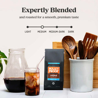 Info graph of cold brew roast level. Glass cup of cold brew on kitchen counter.
Expertly Blended and roasted for smooth, premium taste