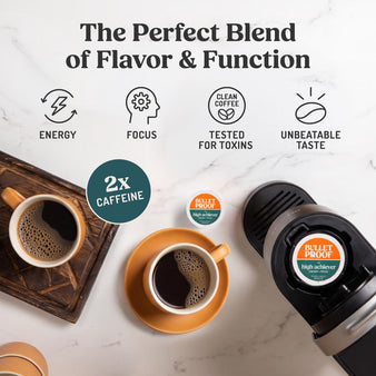 Coffee packaging with a cup of coffee, Bulletproof logo, and text about coffee's benefits on a white background.