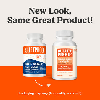 New Look, Same Great Product! Packaging may vary (but quality never will). An old package of Brain Octane Softgels next to a new package of brain octane softgels.