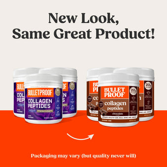 New Look, Same Great Product! Packaging may vary (but quality never will). The old packaging of Bulletproof chocolate collagen peptides next to the new packaging for the  Bulletproof chocolate collagen peptides.