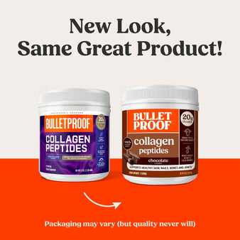 New Look, Same Great Product! Packaging may vary (but quality never will). The old packaging of Bulletproof chocolate collagen peptides next to the new packaging for the  Bulletproof chocolate collagen peptides.