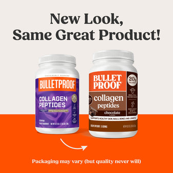 New Look, Same Great Product! Packaging may vary (but quality never will). The old packaging of Bulletproof chocolate collagen peptides next to the new packaging for the  Bulletproof chocolate collagen peptides.