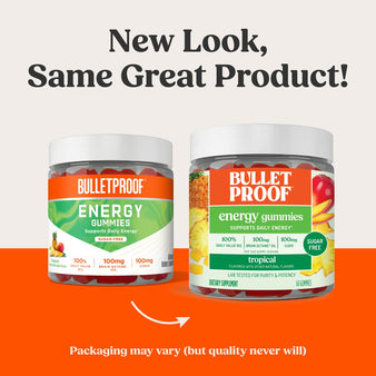 New Look, Same Great Product! Packaging may vary (but quality never will). Old packaging of Bulletproof Energy Gummies next to the new packaging of Bulletproof Energy Gummies