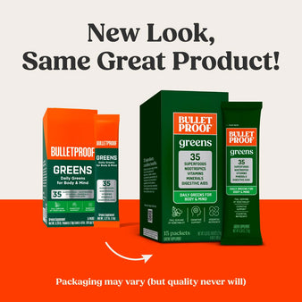New Look, Same Great Product! Packaging may vary (but quality never will). The old packaging of Bulletproof greens packet next to the new packaging for the Bulletproof greens packet.