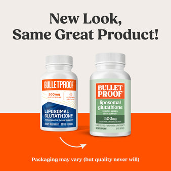 New Look, Same Great Product! Packaging may vary (but quality never will). Old packaging of Liposomal Glutathione next to the new packaging of Liposomal Glutathione.