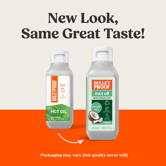 New Look, Same Great Product! Packaging may vary (but quality never will). The old packaging of Bulletproof MCT Oil next to the new packaging for the Bulletproof MCT Oil.