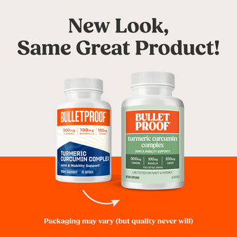New Look, Same Great Product! Packaging may vary (but quality never will). Old packaging of Bulletproof turmeric curcumin complex next to the new packaging of Bulletproof turmeric curcumin complex